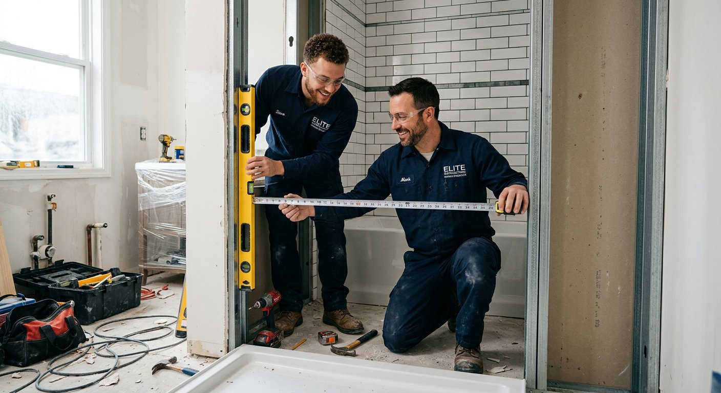 Cystal Shower Doors installers measuring a shower opening